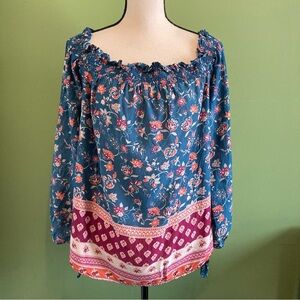 Beach Lunch lounge Floral Teal and Red Blouse